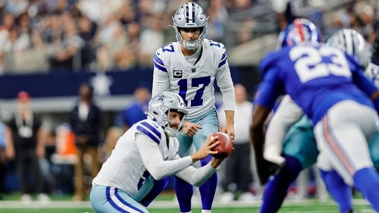 Dallas Cowboys kicker Brandon Aubrey during a game, highlighting the rise in 60-plus yard field goal success in the NFL.