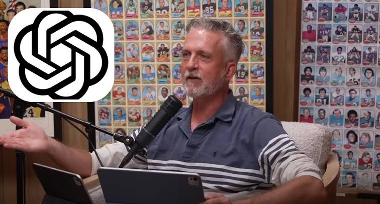 Bill Simmons on the cover of his podcast with a ChatGPT logo, illustrating the new network partnership.