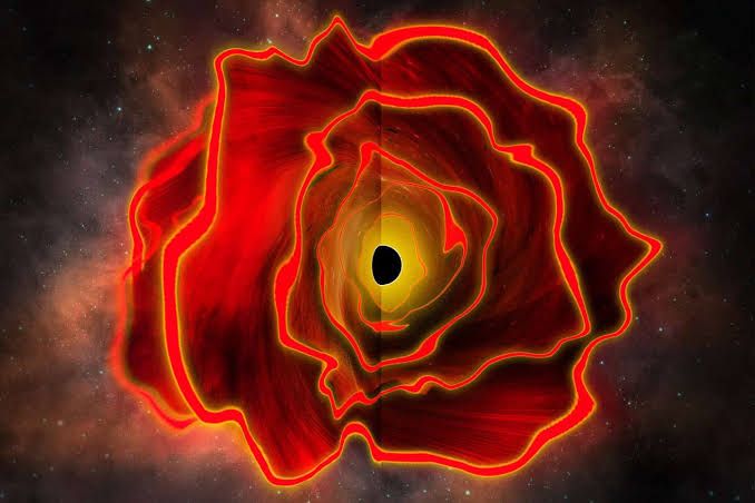 Artist impression showing a supermassive black hole at the center of a glowing, dense gas cocoon in space.