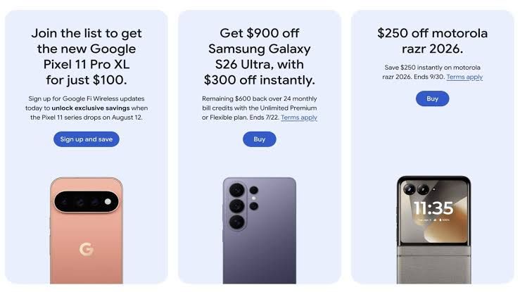 A screenshot of a Google Fi promotional page displaying a placeholder for the Pixel 11 Pro XL smartphone.