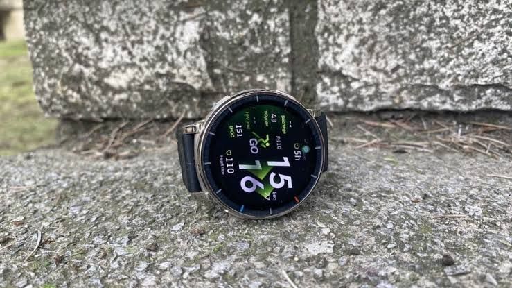 Amazfit Active 3 Premium smartwatch with a stainless steel frame and sapphire glass display sitting on a wrist.