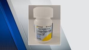 Close-up of Cetirizine Hydrochloride Tablets USP 5 mg packaging used in the nationwide pharmaceutical recall notice.
