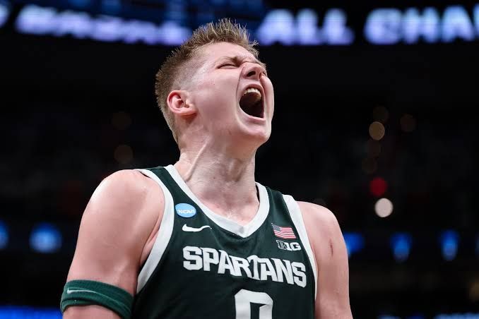 Michigan State forward Jaxon Kohler reacting to a play during the 2026 NCAA tournament at Capital One Arena.