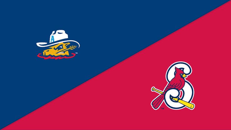 The Springfield Cardinals mascot and players on the field during the game against the Amarillo Sod Poodles.