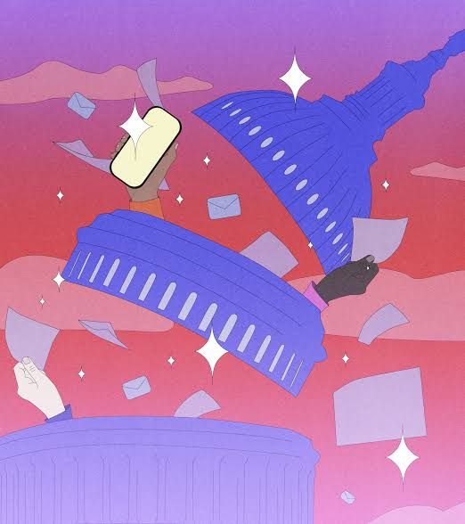 An artistic illustration depicting a robotic hand interacting with congressional legislative documents.