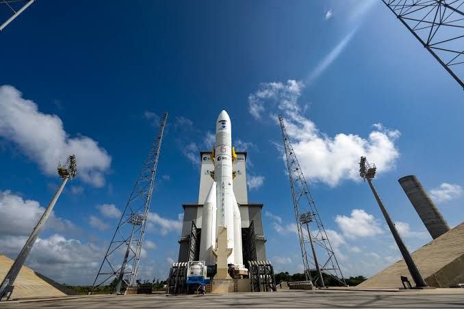 The MTG-I2 satellite secured atop the Ariane 6 rocket at the launch pad in French Guiana.