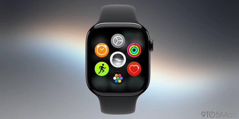 An Apple Watch display showing the new Siri AI interface with a grid of suggested apps.