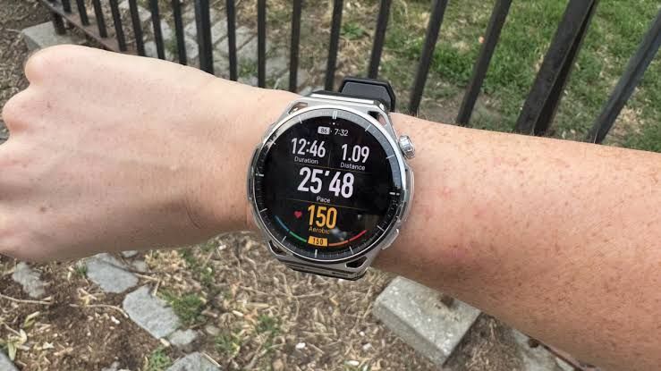 Amazfit Balance 3 smartwatch on a wrist showing the digital display during a fitness tracking session.