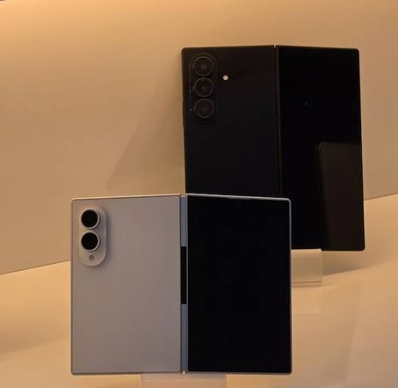 Dummy models of the Samsung Galaxy Z Fold 8 and Z Fold 8 Ultra smartphones displayed before the London launch event.
