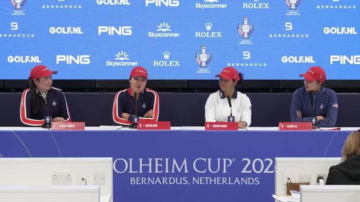 U.S. Solheim Cup team members at a press conference at Bernardus Golf preparing for the 2026 tournament.