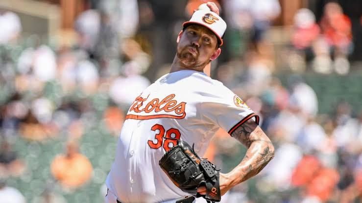 Kyle Bradish wearing an Orioles jersey while pitching during a game at Camden Yards.