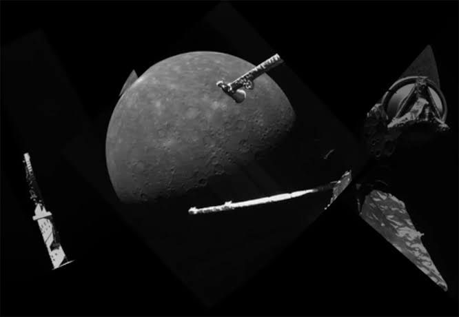 Digital rendering of the BepiColombo spacecraft navigating toward the planet Mercury in deep space.