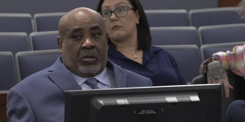 Duane Davis sits in a Las Vegas courtroom during jury selection for the murder trial of Tupac Shakur.
