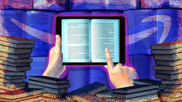 A close-up view of an e-reader screen showing the cover of a romance novel as a finger points toward the display.