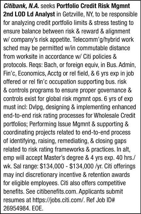 Citibank office building entrance sign located in Getzville, New York where the firm is hiring for a risk analyst role.