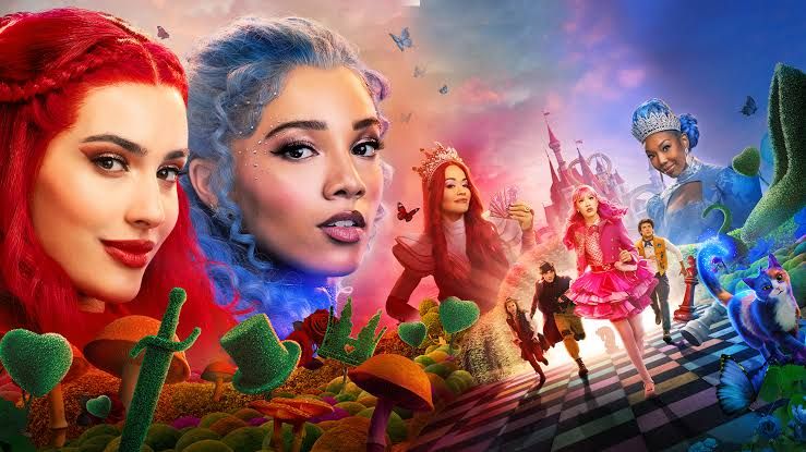 Red and Chloe stand in a heart-shaped hedge maze in Wonderland for the new Descendants movie.