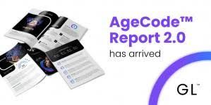 Digital dashboard preview of the AgeCode 2.0 report showing genetic analysis and biological markers on a tablet screen.