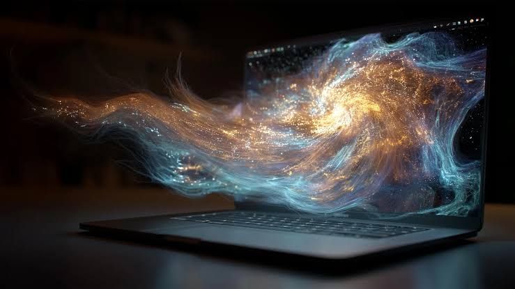 A scientist uses a personal laptop to visualize complex 3D quantum lattice structures and qubit interactions.