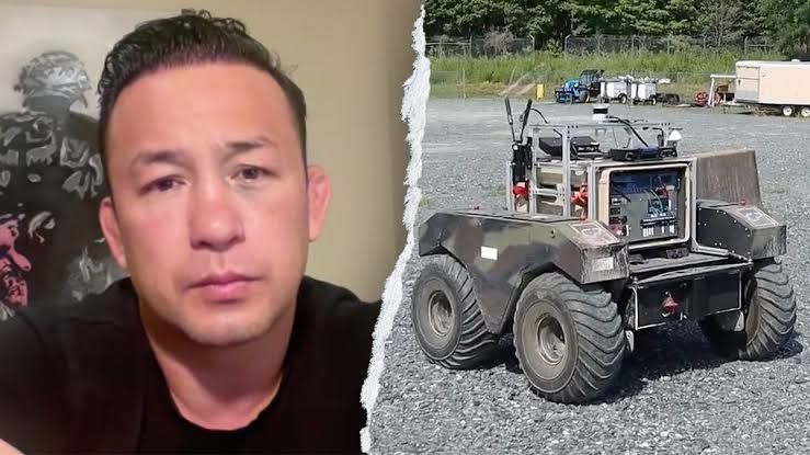 EdgeRunner AI CEO Tyler Saltsman poses with an autonomous ground robot developed for U.S. Army battlefield missions.