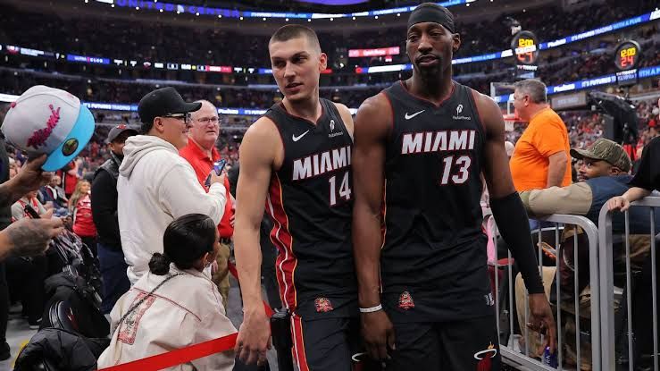 Bam Adebayo of the Miami Heat in his team uniform during a regular season game.