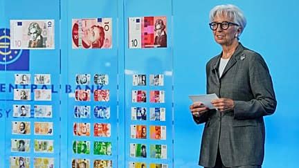 ECB President Christine Lagarde presenting the ten finalist design proposals for new euro banknotes in Frankfurt.