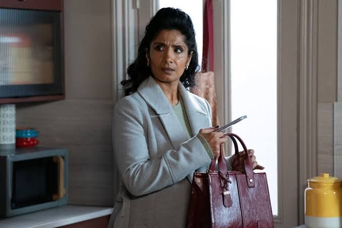 Sakira Vel and Balvinder Sopal stand together outside the Minute Mart in Walford for the upcoming EastEnders storyline.