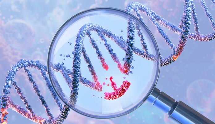 DNA double helix under a magnifying glass representing genetic engineering and cellular gene manipulation.