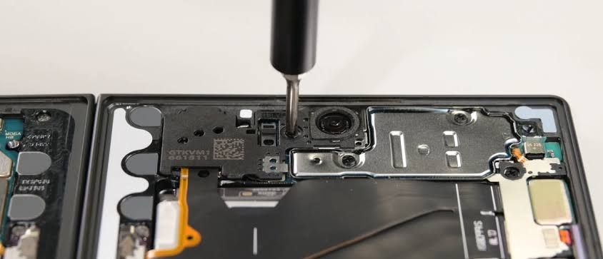 Samsung Galaxy Z Fold 8 internal components exposed during a hardware teardown inspection.