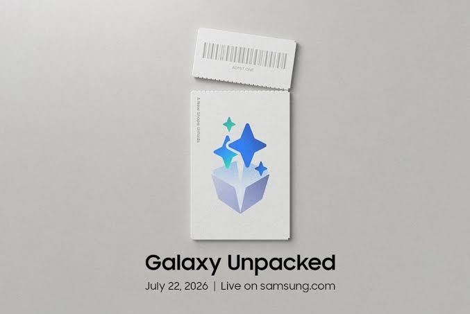 Samsung promotional graphic announcing the July 2026 Galaxy Unpacked event for new foldable smartphones.