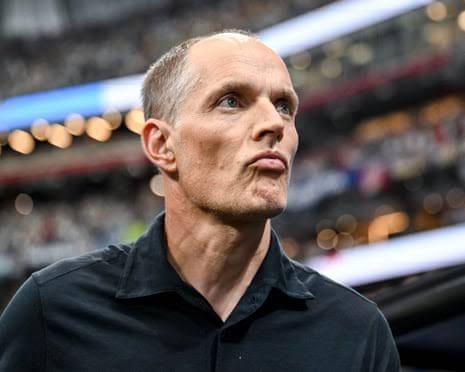 England manager Thomas Tuchel standing on the sidelines during the 2026 World Cup match against Argentina in Atlanta.