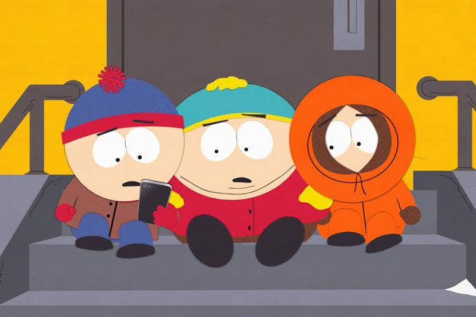 South Park characters sitting on stairs looking at a smartphone during the show's 29th season.