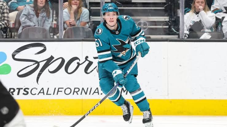 San Jose Sharks forward Collin Graf skating on the ice during an NHL game.