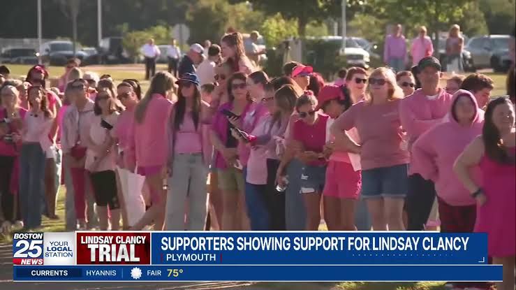 Supporters wearing pink gather outside Plymouth Superior Court during the Lindsay Clancy murder trial.