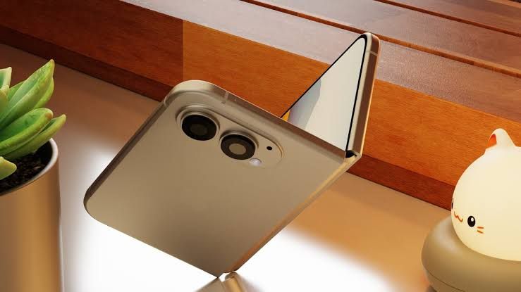 A conceptual render of a foldable iPhone showing two battery components inside a hinged body.