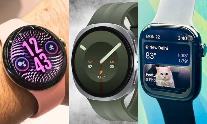 Close-up of the Google Pixel Watch 5, Samsung Galaxy Watch 9, and Apple Watch Series 11 side-by-side for comparison.
