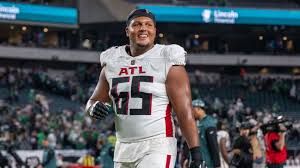Matthew Bergeron playing for the Atlanta Falcons as an offensive guard during a game.