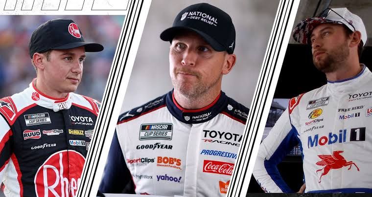 Denny Hamlin driving the number 11 Toyota on the track during the Brickyard 400 at Indianapolis Motor Speedway.