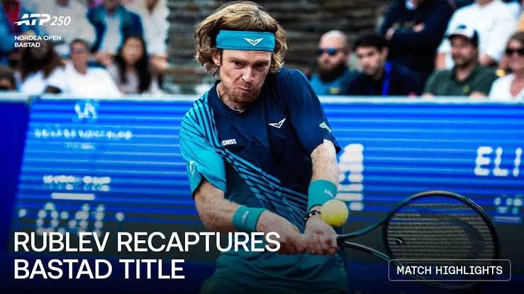 Andrey Rublev holding the trophy after defeating Luciano Darderi in the Nordea Open final.