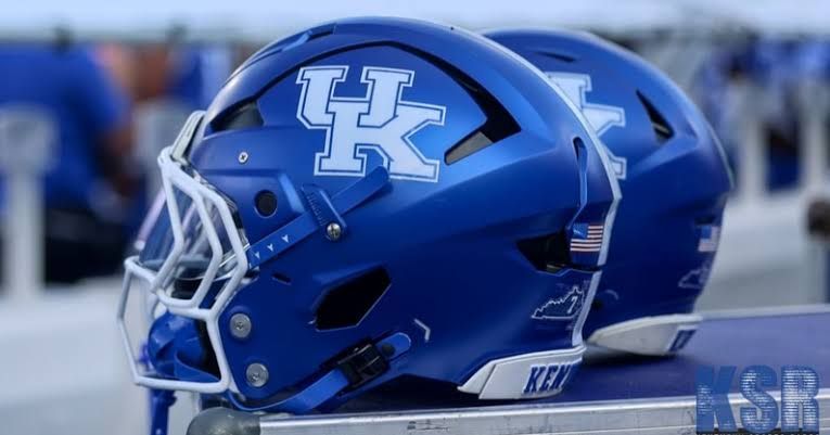 A Kentucky football helmet sits on the sideline during a game at the stadium.