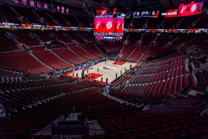 A Portland Trail Blazers official speaks during a press briefing regarding Moda Center lease negotiations in Portland.