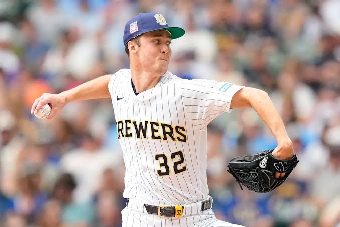 Jacob Misiorowski pitching for the Milwaukee Brewers during a game against the Colorado Rockies at the stadium.