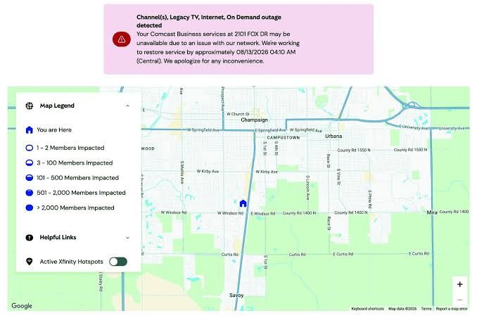 A digital map display from Comcast showing service outage areas in Central Illinois.