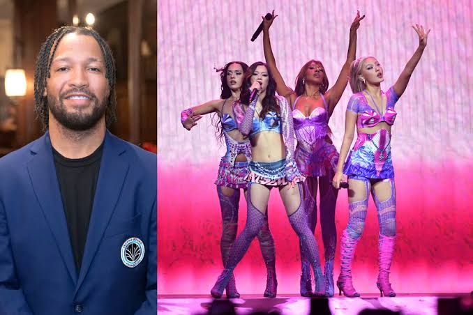 Jalen Brunson in a Knicks jersey posing for a portrait and KATSEYE performing on a stage during a concert.