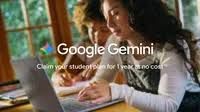 A promotional graphic displaying the text Google Gemini and instructions to claim a one-year student plan.
