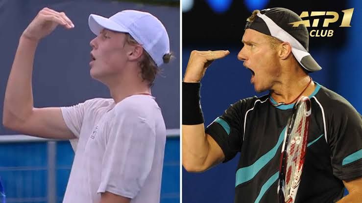Cruz Hewitt performing his father Lleyton Hewitt's signature Vicht celebration after winning his match in Washington.