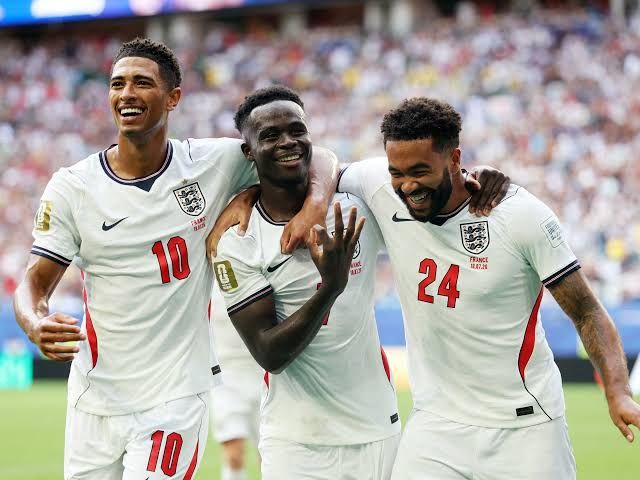 England players celebrating a goal during the 6-4 victory against France at the 2026 World Cup in Miami.