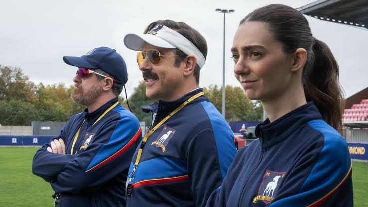 Jason Sudeikis, Brendan Hunt, and Tanya Reynolds on the set of Ted Lasso season four.