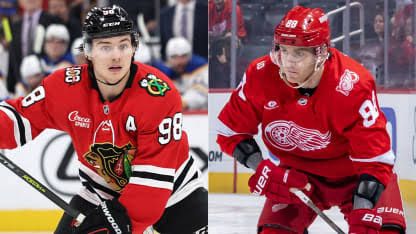 Connor Bedard and Patrick Kane wearing their respective jerseys during an NHL game at the United Center.