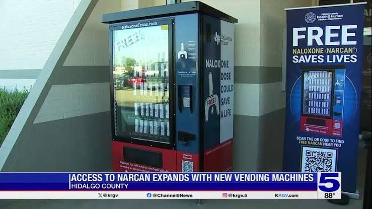 Vending machine in a Hidalgo County building stocked with free naloxone for public use.