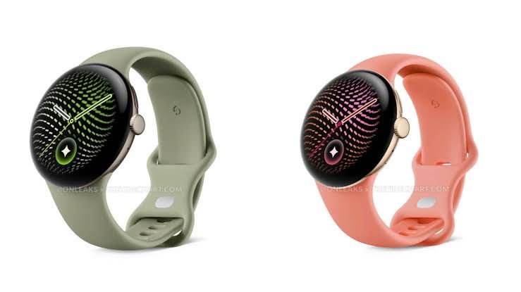 Close-up rendering of the circular Google Pixel Watch 5 with a metallic case and analog watch face.